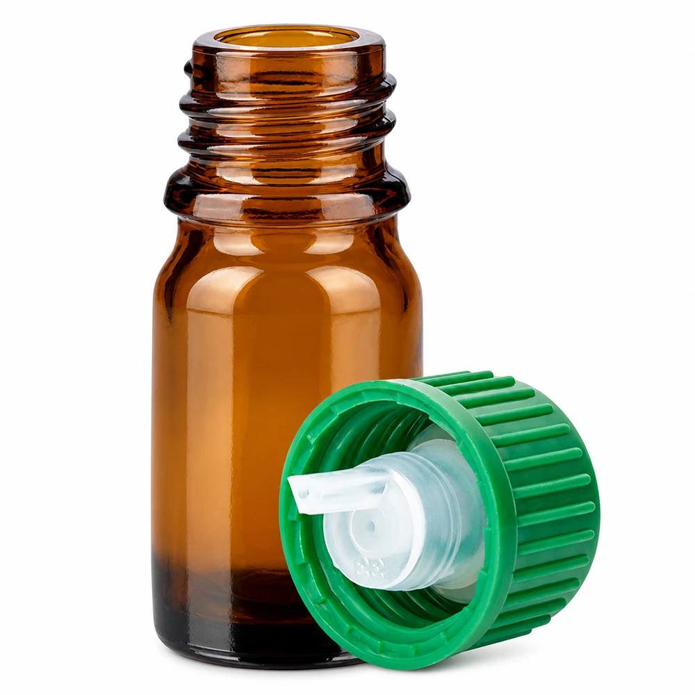Bernsteinfarbene 5ml Tropfflasche mit grünem Schraubdeckel für lichtempfindliche Substanzen