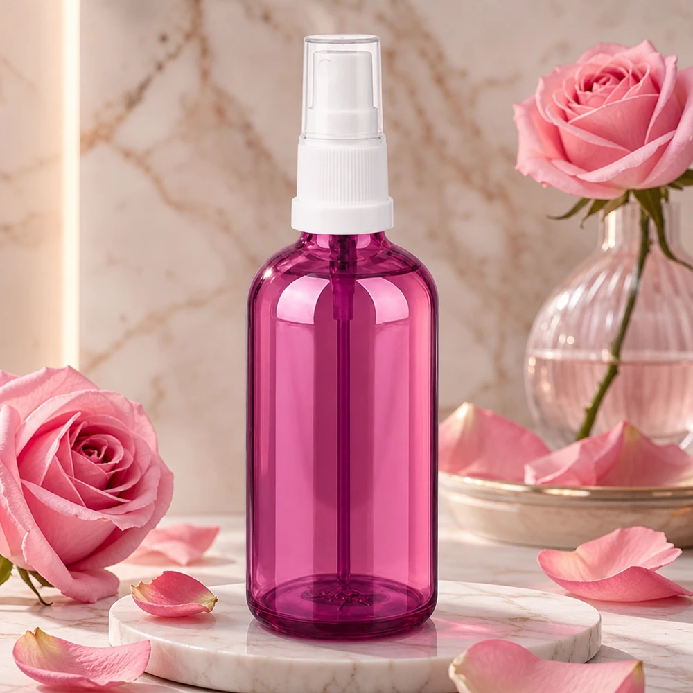 Kompakte 100ml Flasche mit Sprühaufsatz in trendigem Purple-Look für Haarpflege
