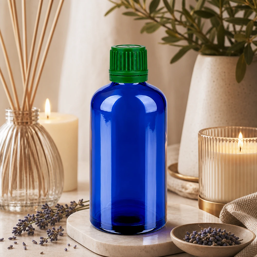 Recycelbare Glasflasche 100ml in Kobaltblau mit kindersicherem grünem Schraubverschluss