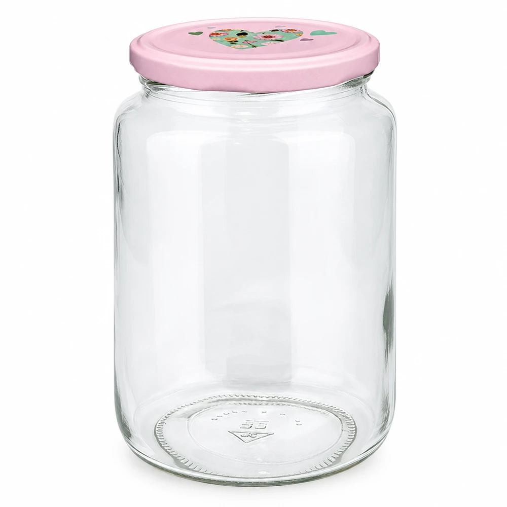 Rundglas 795ml mit rosa BasicSeal Deckel Herz-Motiv Einmachglas Vorratsglas mit Twist-Off Verschluss leer