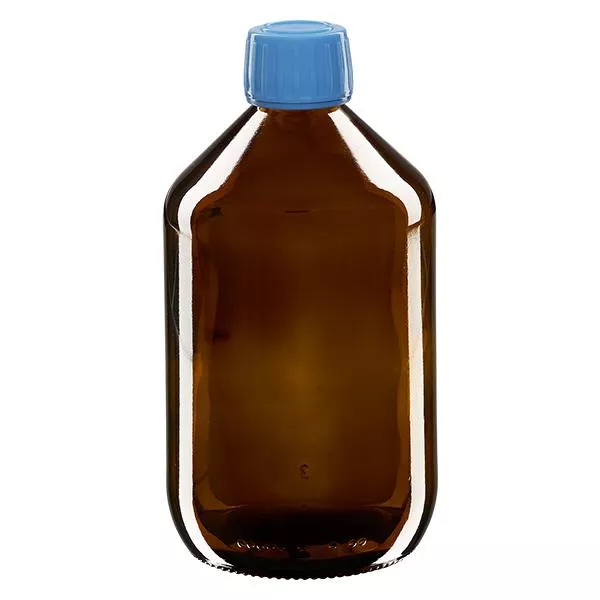 500ml Medizinflasche braun, Verschluss blau mit Originalitätsring ApoGlas 500ml Medizinflasche braun, Verschluss blau mit Originalitätsring ApoGlas