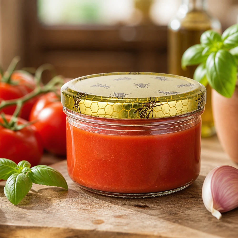 186ml Rundglas + BasicSeal Deckel Bienenwabe UNiTWIST UNiTWIST 186ml Rundglas Bienenwaben Deckel mit Tomatenmark zwischen frischen Zutaten