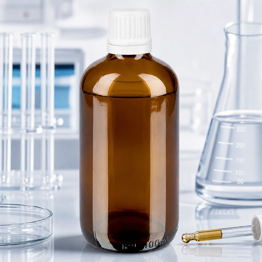 Medizinflasche aus Braunglas 100ml mit weißem 11mm Verschluss auf weißer Laborfläche