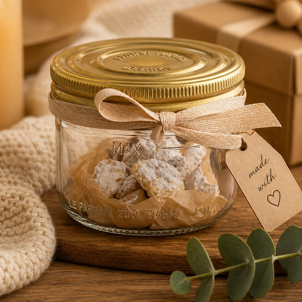 245ml Sturzglas "Familia Wiss" 2-teiliges Deckelsystem Le Pa 245ml Sturzglas Familia Wiss mit goldenem Deckel gefüllt mit weißen Bonbons und Geschenkband auf Holztisch