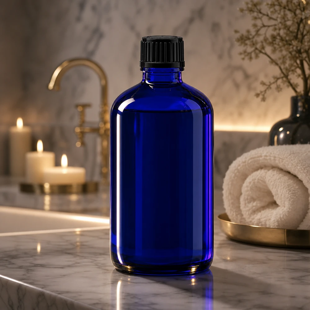 Apothekenflasche blau 100ml Schraubverschluss schwarz Standard Blaue Apothekerflasche 100ml aus Glas vor elegantem Marmor-Badezimmer-Hintergrund