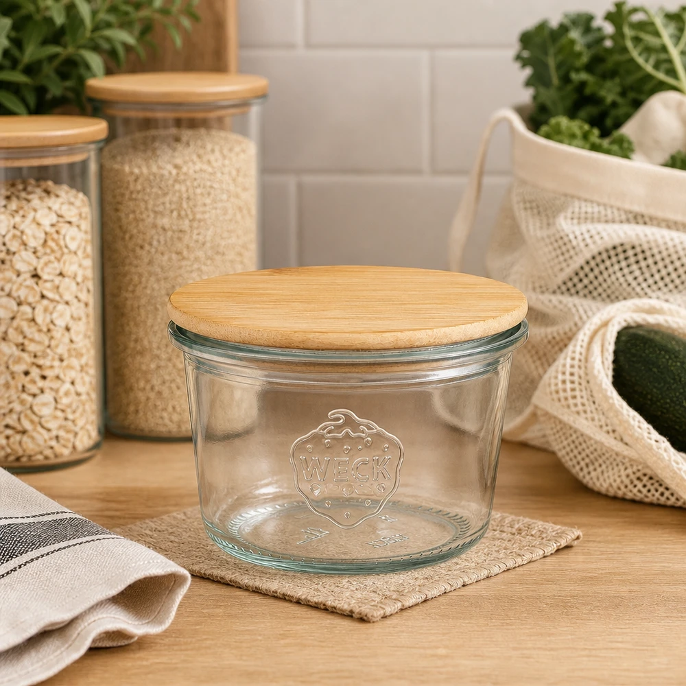WECK Sturzglas 80ml RR60 Holzdeckel nachhaltige Küche Vorratsorganisation umweltfreundliche Aufbewahrung Zero Waste