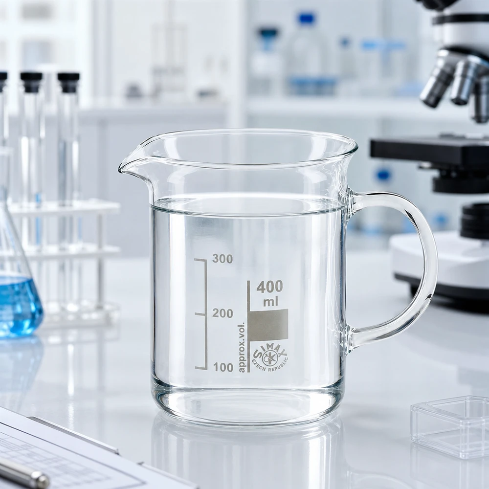 Becherglas 400ml Borosilikatglas, mit Henkel Becherglas 400ml mit Henkel dickem Glasboden und eingeprägter Milliliter-Skala Borosilikatglas Labor