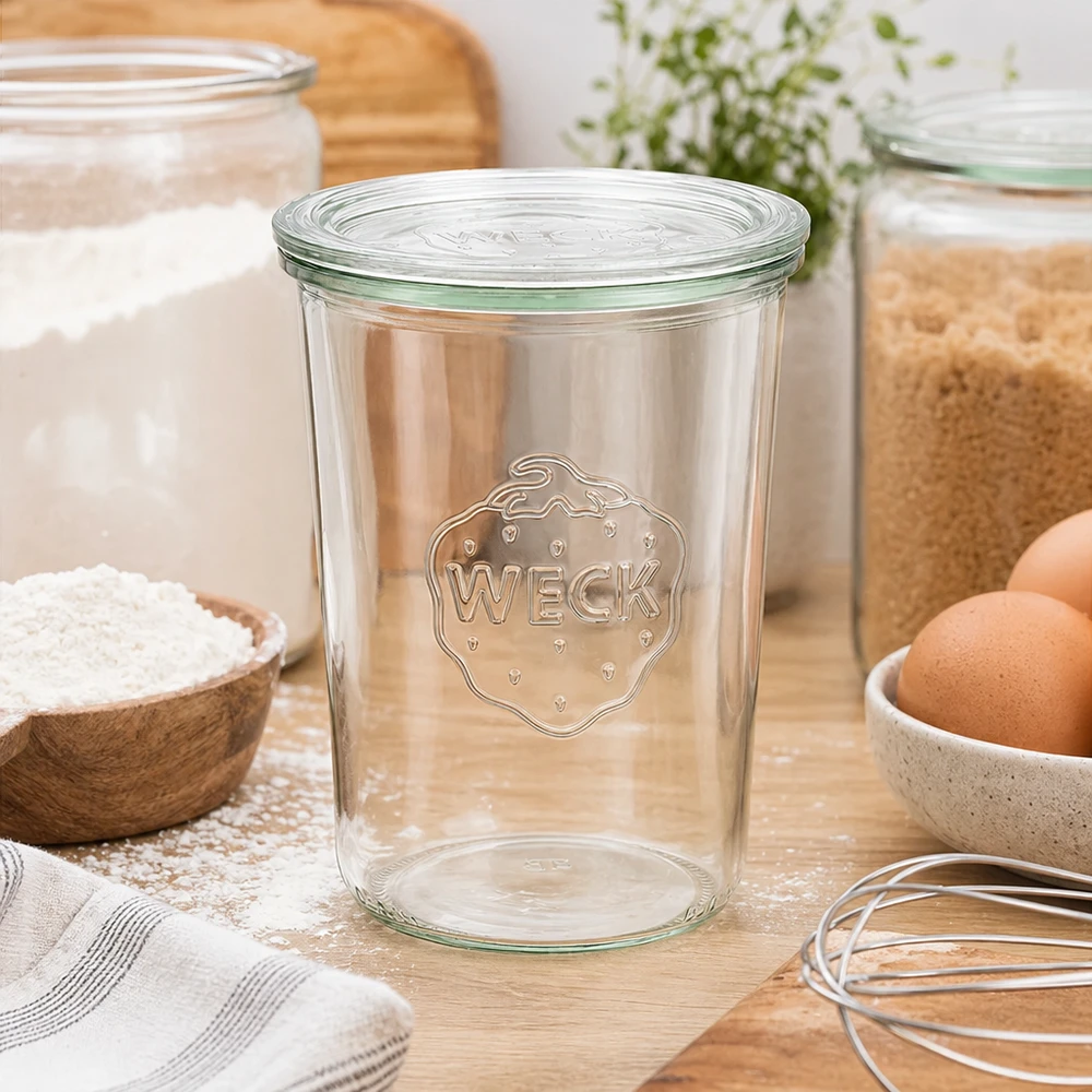 850ml Sturzglas mit Glasdeckel WECK RR100 WECK Einmachglas 850ml RR100 in Küchenumgebung mit Mehl Eiern und Küchenutensilien Sturzglas mit Glasdeckel