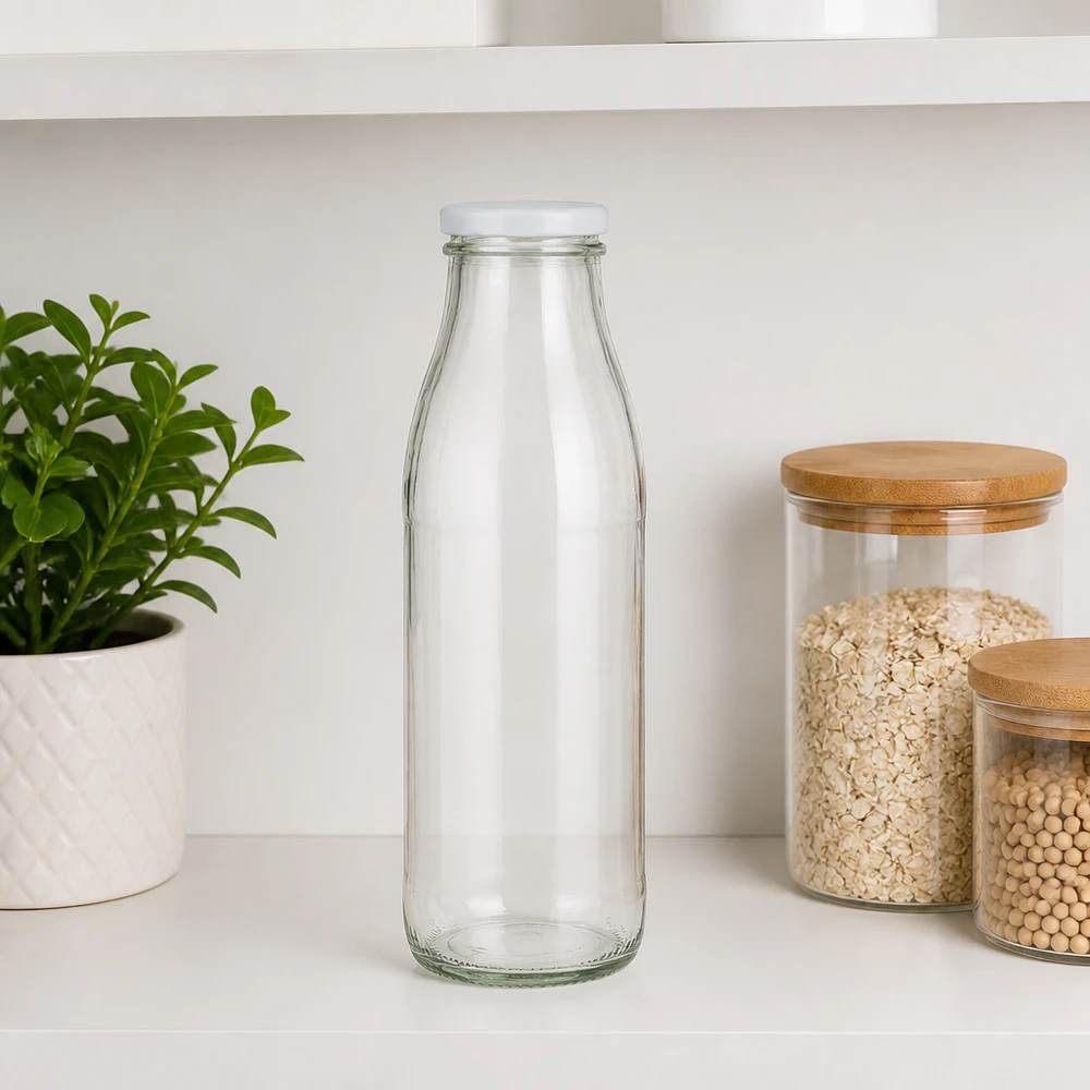 500ml Glasflasche transparent mit weißem BasicSeal Deckel auf weißer Küchenarbeitsplatte neben Vorratsdosen