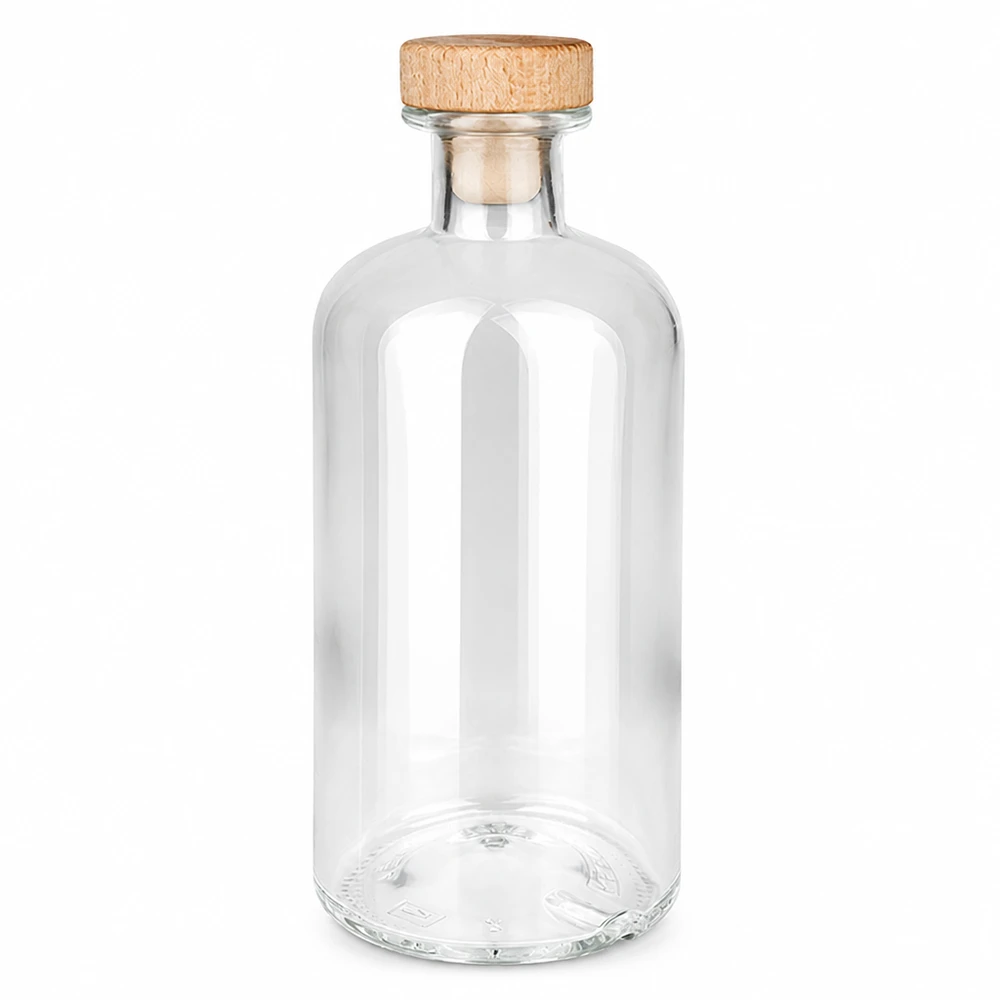 500ml Glasflasche "Flora" mit Holzgriff-Korken UNiTWIST 500ml Glasflasche Flora mit Holzgriff-Korken UNiTWIST transparent leer vor weißem Hintergrund