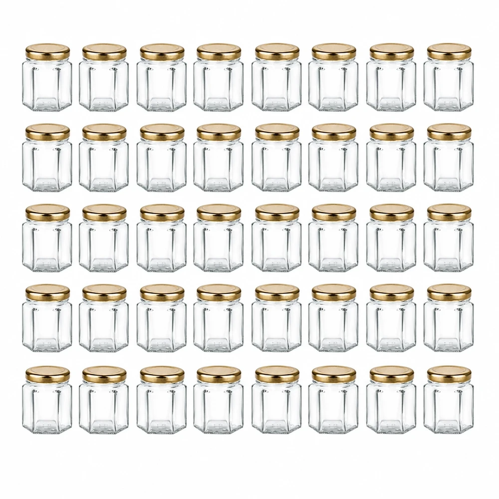 47ml Hexaglas 48er-Set mit Deckel (Deckelfarbe: gold) UNiTWIST UNiTWIST Hexagon Gläser 48er Set 47ml Klarglas Aufbewahrungsgläser mit Golddeckeln