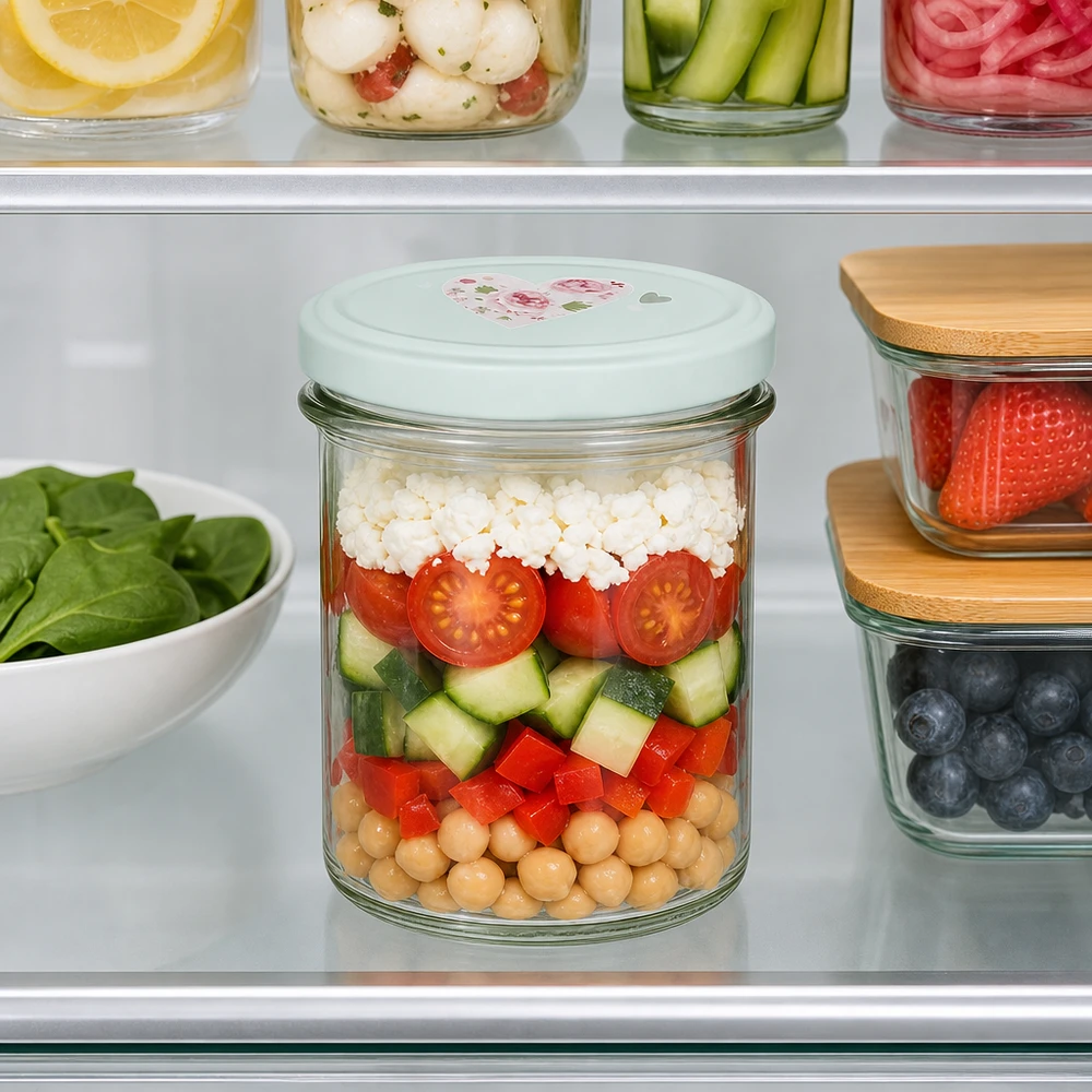 350ml Sturzglas + BasicSeal Deckel Herz mint UNiTWIST Gefülltes 350ml Sturzglas mit BasicSeal Deckel Herz mint in Kühlschrank mit Salat aus Kichererbsen Gurken Tomaten