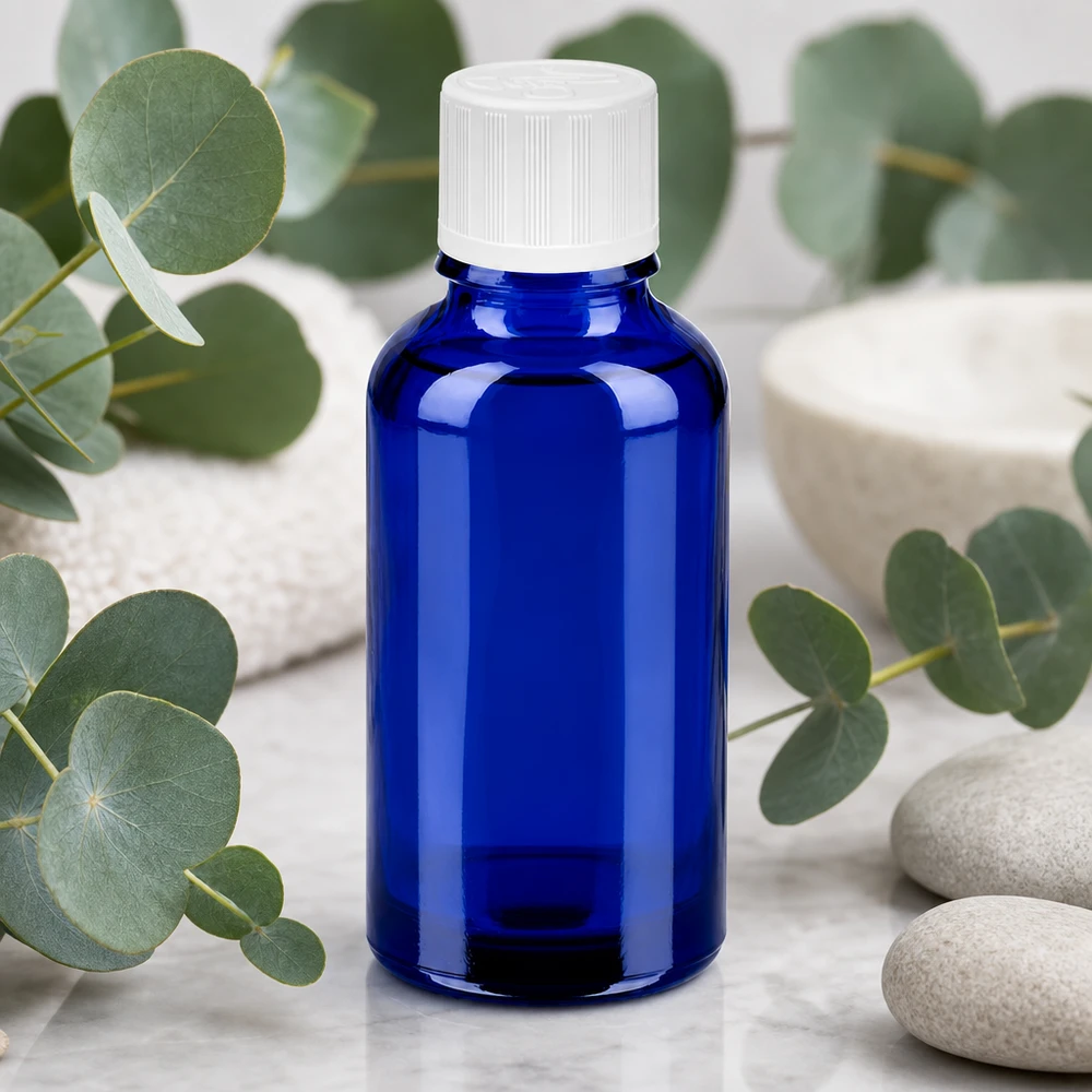 30ml Flasche 11mm Schraubverschluss weiß Standard Kindersicherung BlueLine UT18/30 30ml Kobaltflasche mit matter Oberfläche und ergonomischer Form für einfache Handhabung