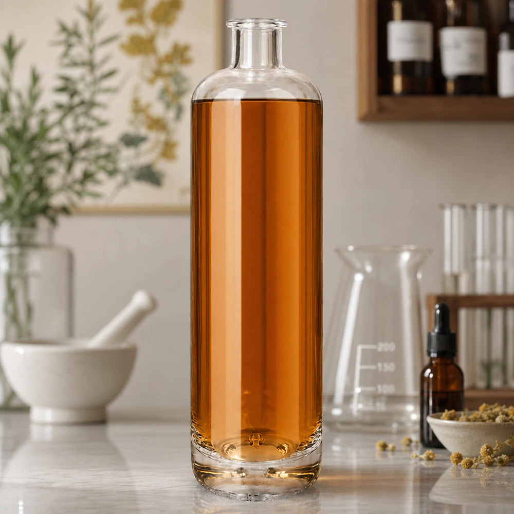 700ml Glasflasche Ella mit bernsteinfarbener Flüssigkeit befüllt zwischen Laborglasware und getrockneten Kräutern