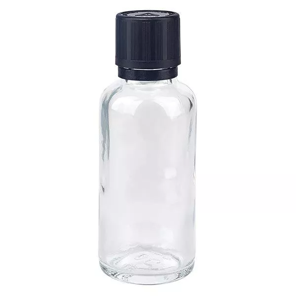 Apothekenflasche klar 30ml Tropfer Giessring 1mm schwarz Kindersicherung Blindenwarnsymbol Originalitätsverschluss