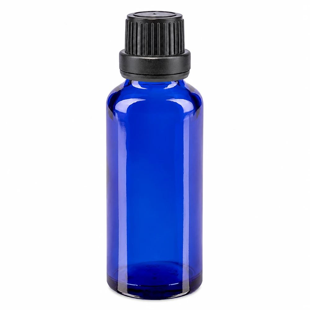Apothekenflasche blau 30ml Schraubverschluss schwarz Dichteinlage Originalitätsverschluss Blaue 30ml Glasflasche mit SV OV Verschluss 11mm schwarz für Tropfen und Tinkturen geeignet