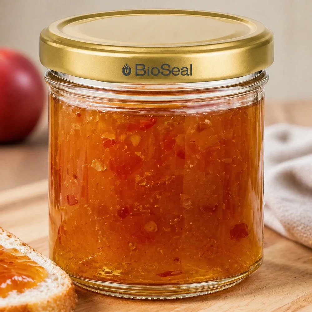 200g Honigglas mit goldenem Deckel BioSeal UNiTWIST BioSeal 200g Glas mit Aprikosenmarmelade gefüllt goldener Deckel auf Holztisch mit Toast und Obst im Hintergrund