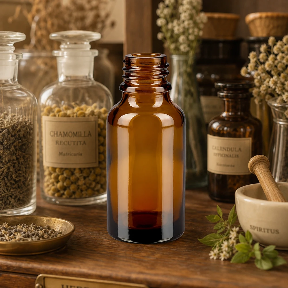 30ml braune Apothekerflasche ApoGlas mit dunkler Tinktur in traditioneller Heilkräuter-Apotheke neben Mörser