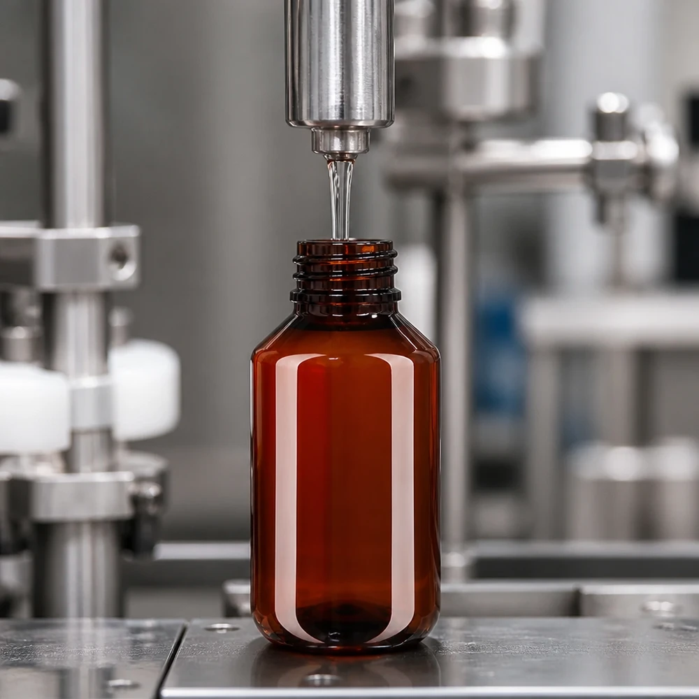 UV-schützende 100ml PET Flasche mit weißem OV wird maschinell mit klarer Flüssigkeit befüllt
