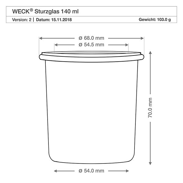 140ml Sturzglas WECK RR60 mit Korken natur WECK Sturzglas 140ml RR60 mit Maßangaben und technischer Zeichnung für Einmachglas