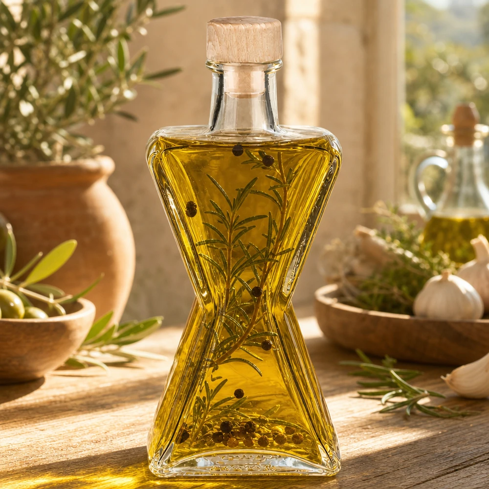 200ml Glasflasche "Star" mit Holzgriff-Korken UNiTWIST 200ml Glasflasche Star mit Kräuteröl und Rosmarin befüllt - Holzkorken UNiTWIST für aromatische Öle und Essige