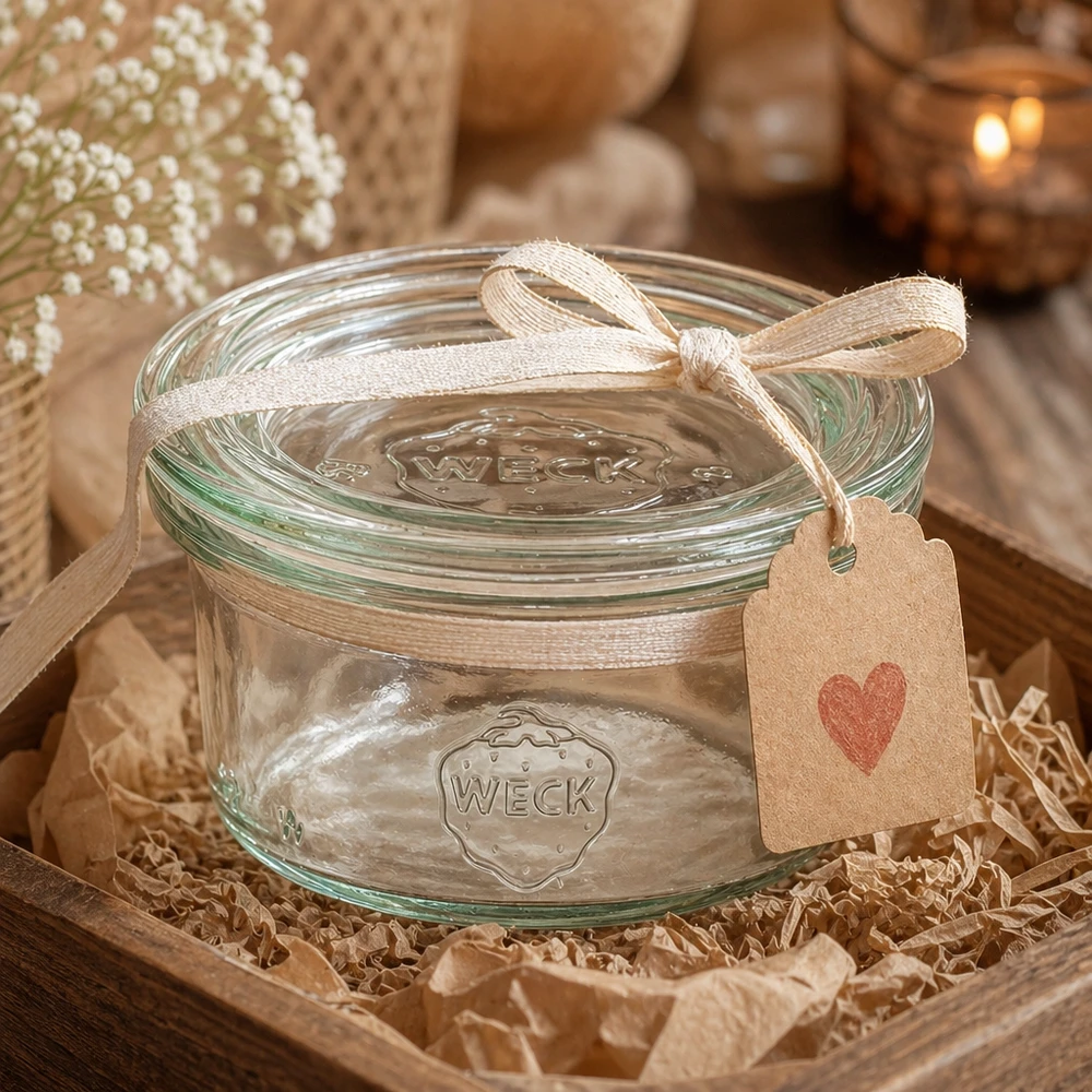 WECK Sturzglas 50ml dekorativ als Geschenk mit Schleifenband und Herzanhänger in rustikalem Ambiente präsentiert