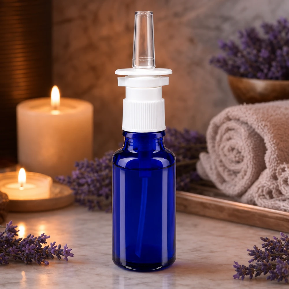 Apothekenflasche blau 20ml Nasenzerstäuber weiß Standard Aromatherapie-Nasenspray 20ml in blauer Glasflasche mit transparenter Sprayspitze und Wellnessdekoration