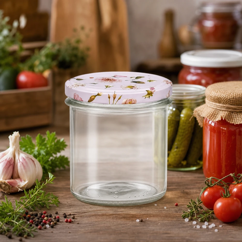 Sturzglas 350ml mit Blumendeckel rosa in Küche neben eingelegten Gurken Tomatenkonserven und frischen Kräutern