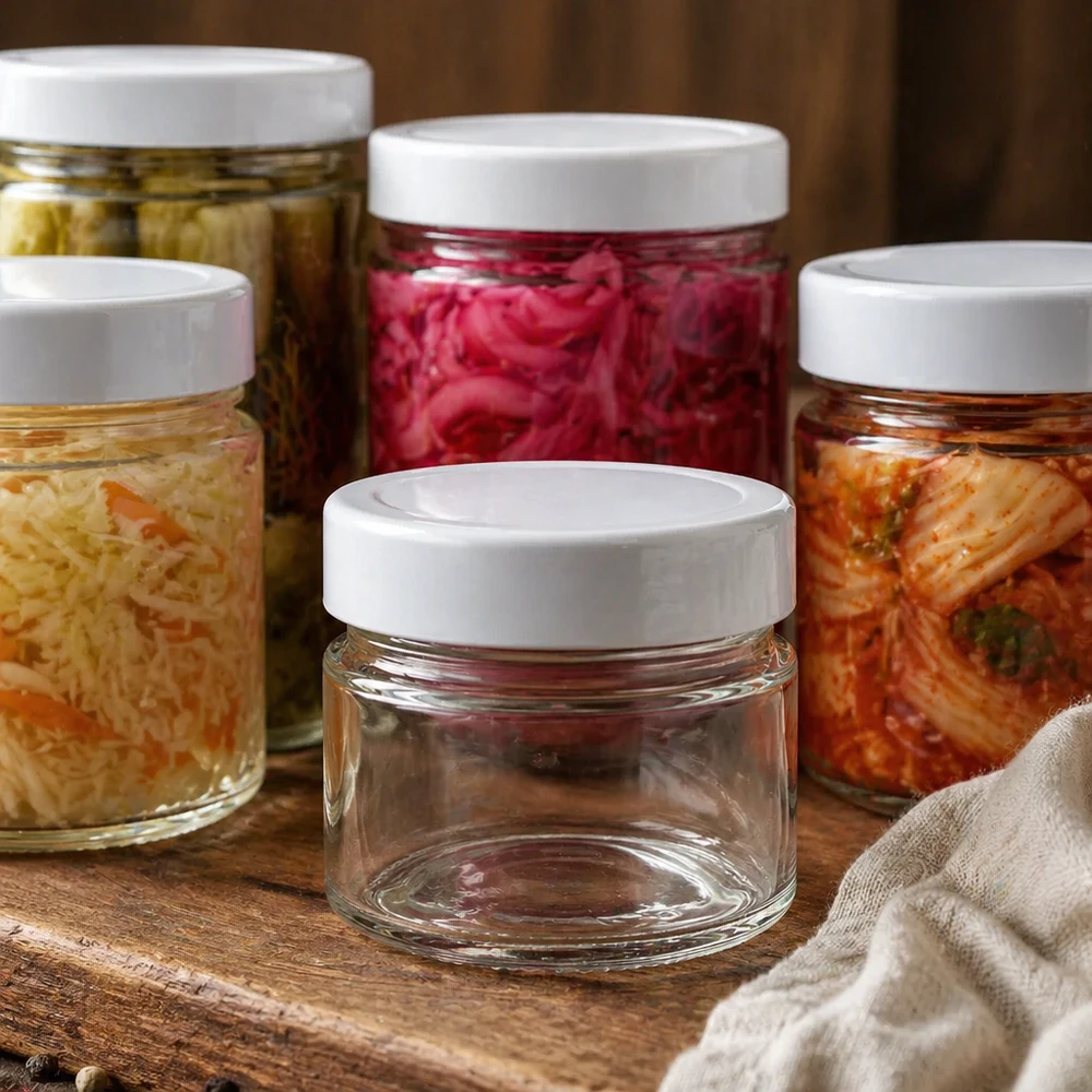 80ml Rundglas leer mit weißem BasicSeal Deckel neben gefüllten Gläsern mit eingelegtem Gemüse und Fermentiertem