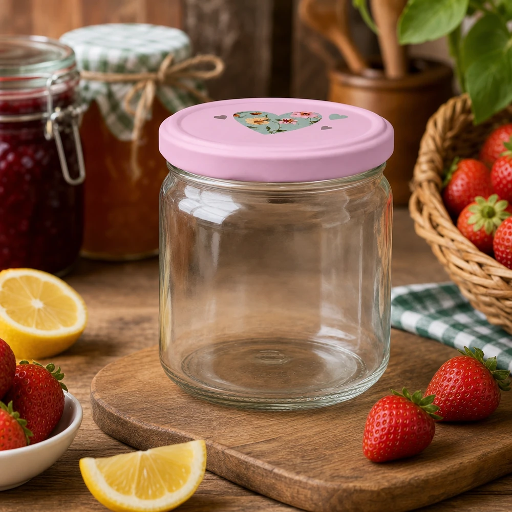 408ml Rundglas + BasicSeal Deckel Herz rosa UNiTWIST 408ml Rundglas mit rosa BasicSeal Herz-Deckel umgeben von frischen Erdbeeren und Zitronen für Marmelade