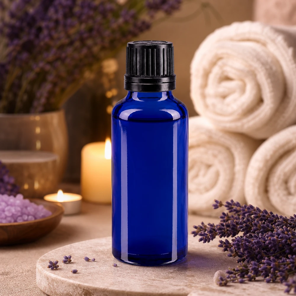 Apothekenflasche blau 30ml Tropfverschluss Giessring 1mm schwarz Originalitätsverschluss 30ml Dosierflasche aus blauem Schutzglas mit feinem 1mm Tropfeinsatz schwarz