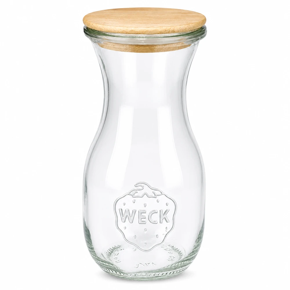 290ml Saftflasche Edition RR60 mit Holzdeckel WECK Saftflasche 290ml aus Glas mit Holzdeckel und geprägtem Logo auf weißem Hintergrund