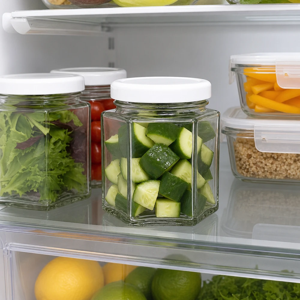 47ml Hexaglas mit weißem BasicSeal Deckel gefüllt mit Gurkenstücken im Kühlschrank für frische Lagerung