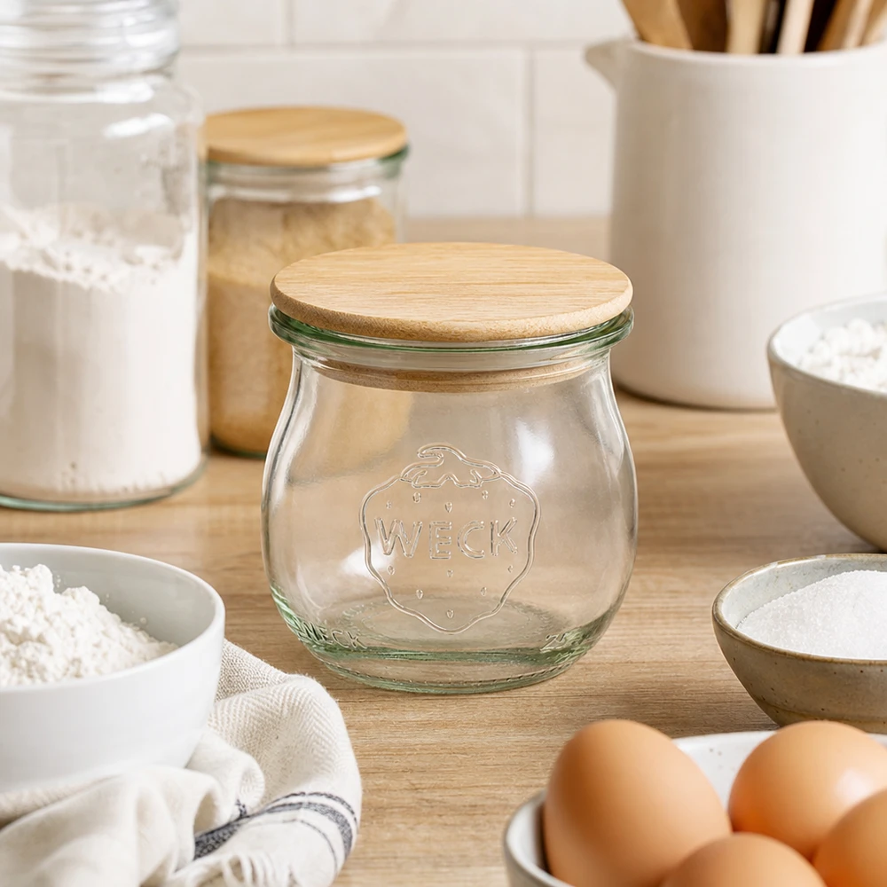 75ml Tulpenglas WECK RR40 mit Holzdeckel WECK Tulpenglas RR40 75ml mit Bambusdeckel in moderner Küche umgeben von Eiern Mehl und Küchenutensilien