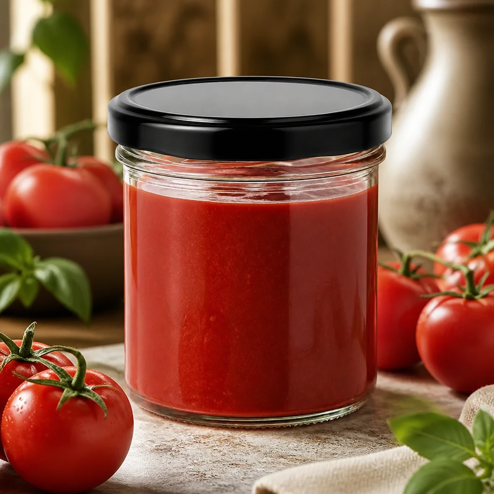 125ml Sturzglas 24er-Set mit Deckel (Deckelfarbe: schwarz) UNiTWIST Hausgemachte Tomatenpassata haltbar gemacht im 125ml UNiTWIST Sturzglas schwarzer Metalldeckel