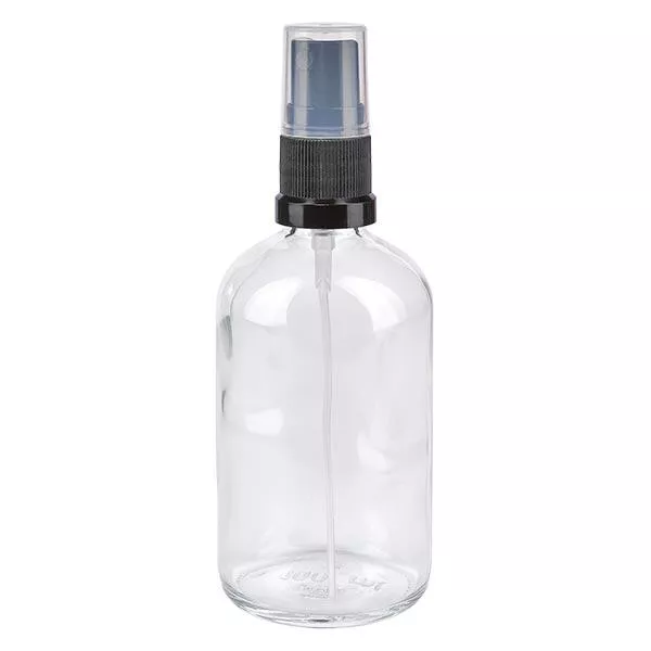 Apothekenflasche klar 100ml Sprayaufsatz schwarz Apothekenflasche klar 100ml Sprayaufsatz schwarz
