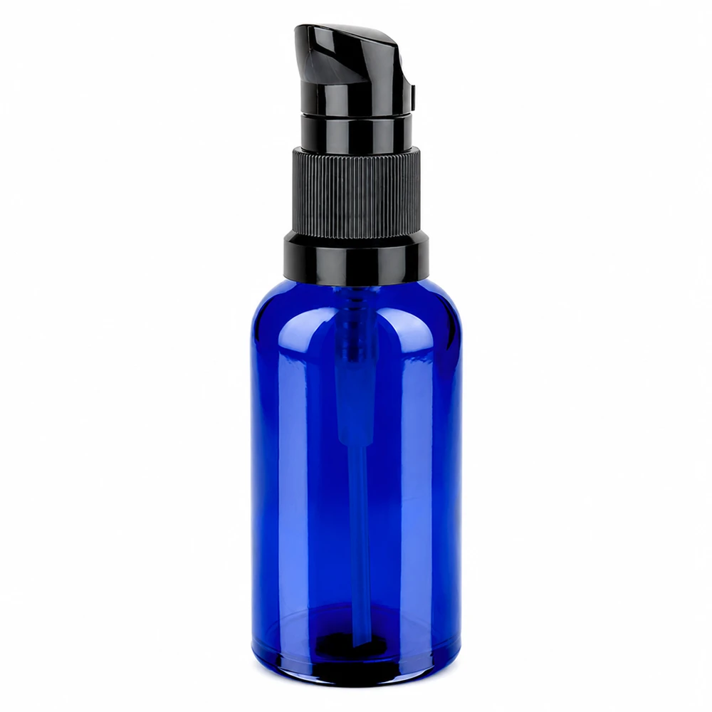 50ml Pumpflasche schwarz Standardverschluss BlueLine UT18/50 Elegante blaue 50ml Flasche mit schwarzem Pumpverschluss für Seren und Öle