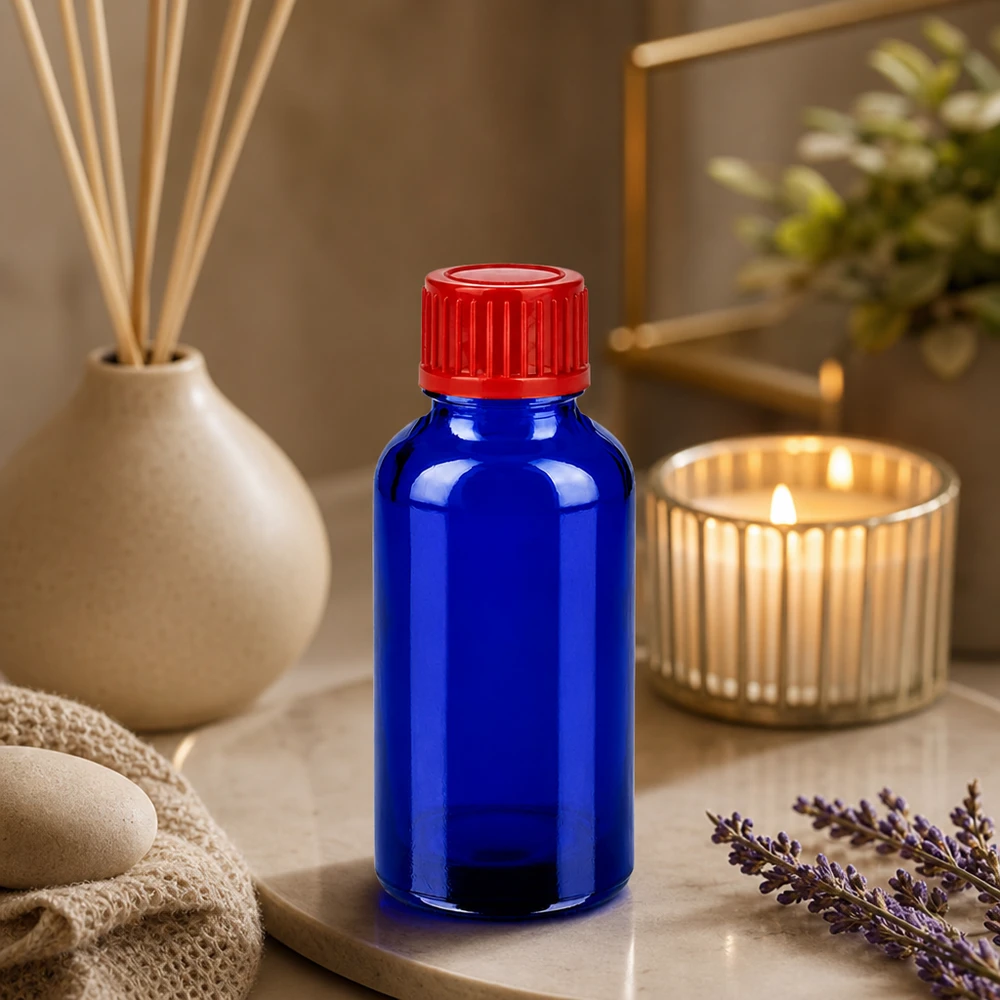 30ml Flasche 11mm Schraubverschluss rot Standard BlueLine UT18/30 Lichtgeschützte 30ml blaue Glasflasche mit ergonomischem Design für einfache Handhabung