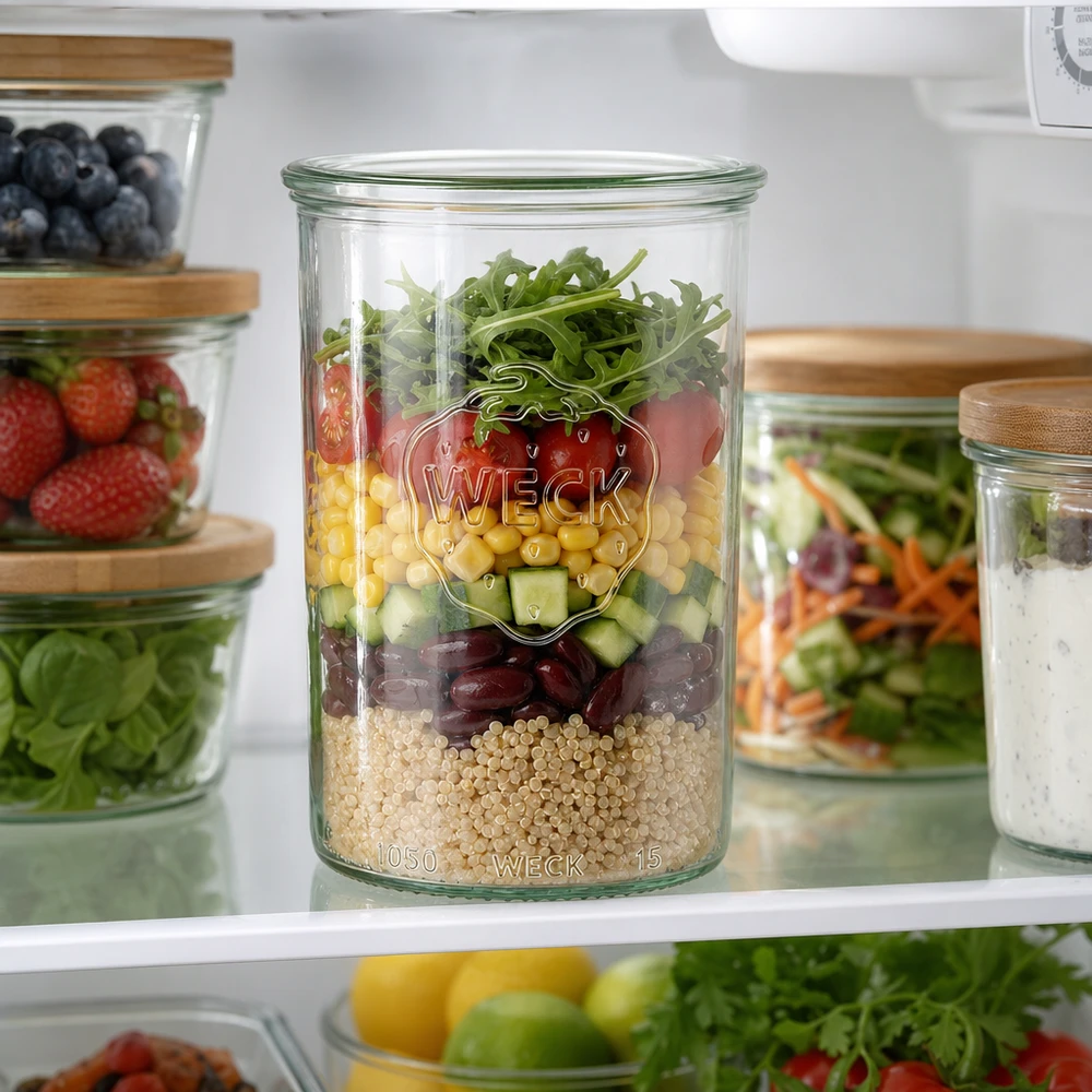 1000ml Sturzglas WECK RR100 WECK Sturzglas 1000ml mit buntem Schichtsalat im Kühlschrank - perfekt für Meal Prep und stylische Aufbewahrung