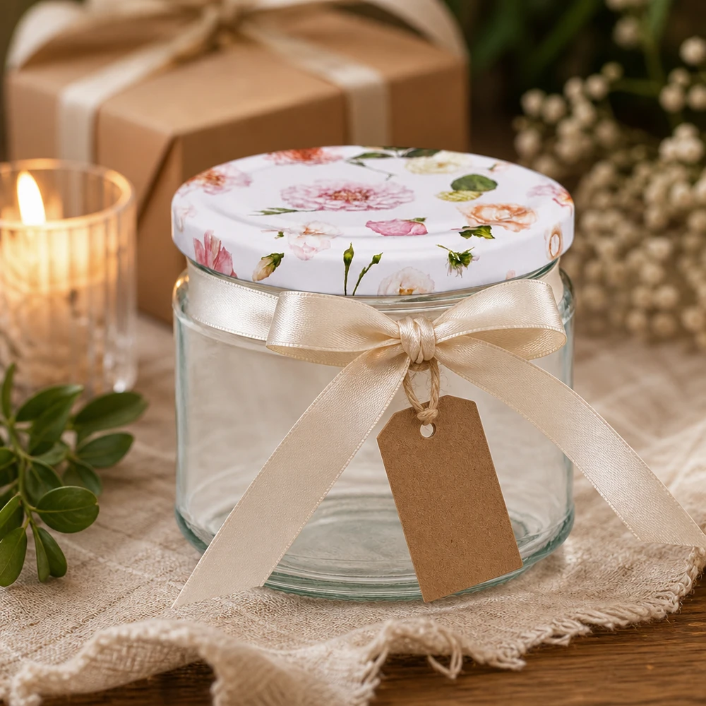 330ml Rundglas BasicSeal Deckel rosa Blumen als Geschenk mit Schleife und Anhänger Dekoration Einmachglas