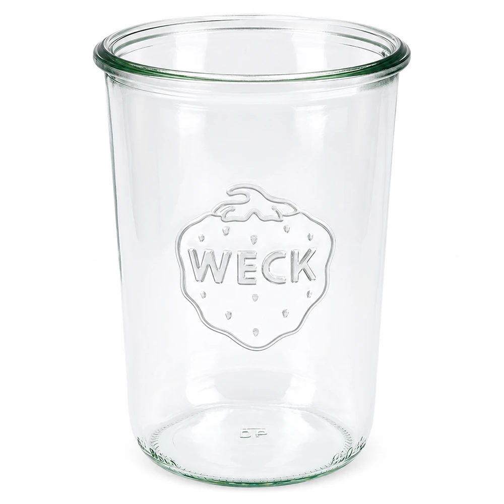 850ml Sturzglas WECK RR100 WECK Sturzglas 850ml RR100 aus klarem Glas mit eingraviertem Logo und grünem Glasrand für Einmachen und Vorratshaltung