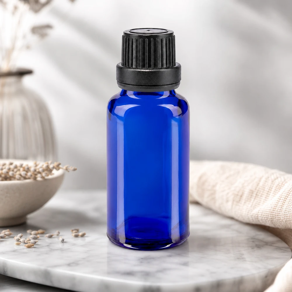 Apothekenflasche blau 20ml Schraubverschluss schwarz Dichteinlage Originalitätsverschluss Hochwertige blaue 20ml Glasflasche mit Sicherheitsverschluss für Parfüm und Serum