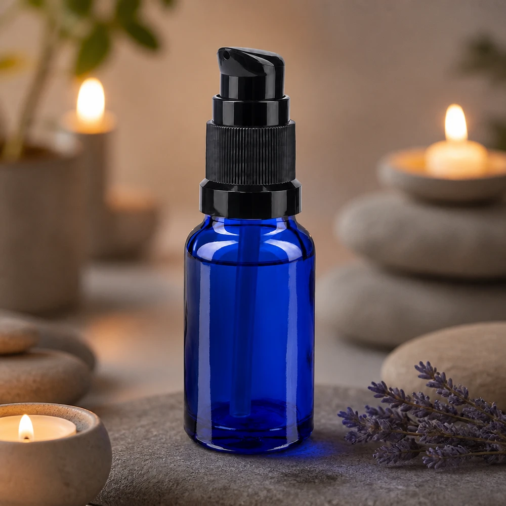 Apothekenflasche blau 10ml PumpVerschluss schwarz Standard Blaue 10ml Tropfflasche mit Pumpe aus UV-Schutzglas für empfindliche Wirkstoffe