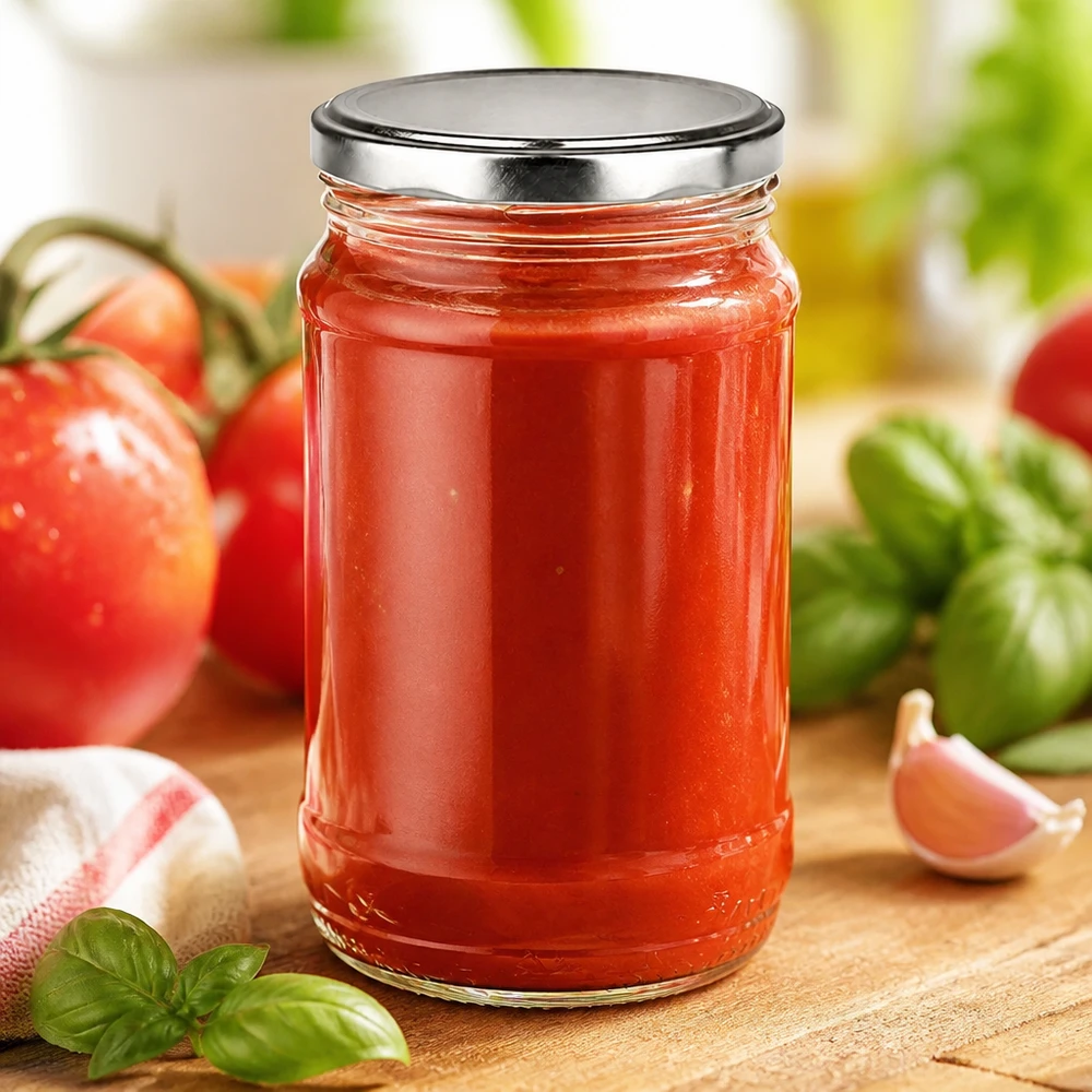 370ml Rundglas + BasicSeal silber UNiTWIST Einweckglas 370ml mit silbernem BasicSeal Deckel gefüllt mit selbst eingekochter Tomatensauce