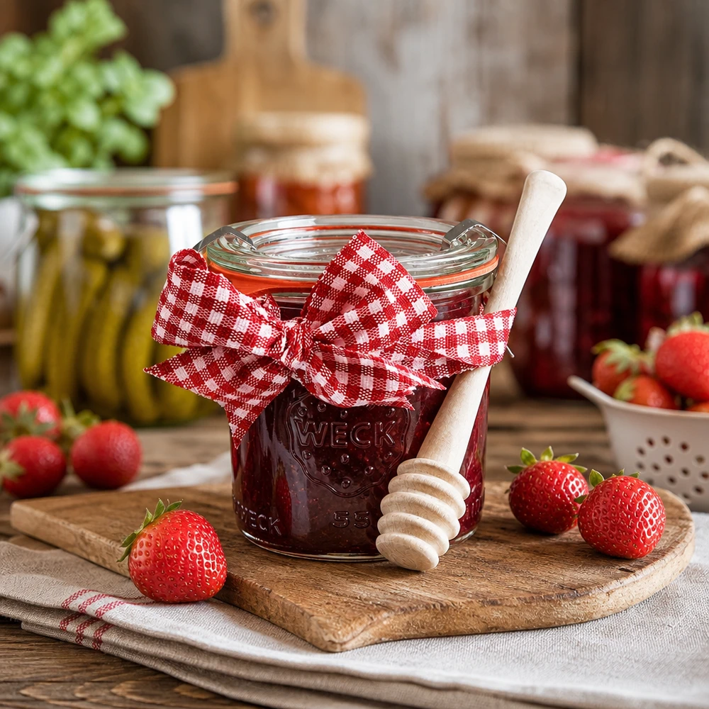 WECK Sturzglas 140ml gefüllt mit Erdbeermarmelade Honiglöffel Holz frische Erdbeeren rustikale Küche Einkochen