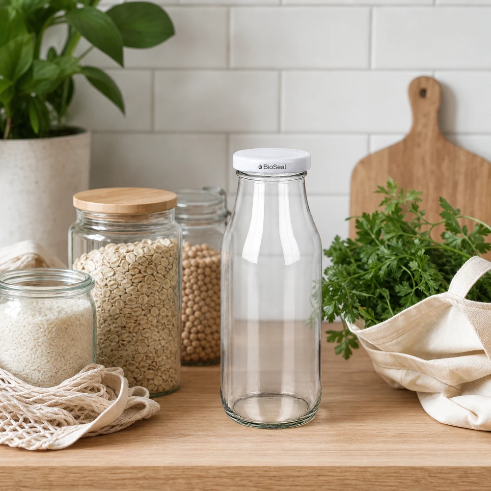 263ml Flasche mit BioSeal Deckel weiß UNiTWIST UNiTWIST Bottle263 Glasflasche leer auf Holzarbeitsplatte zwischen Hülsenfrüchten in Vorratsgläsern und frischen Kräuter
