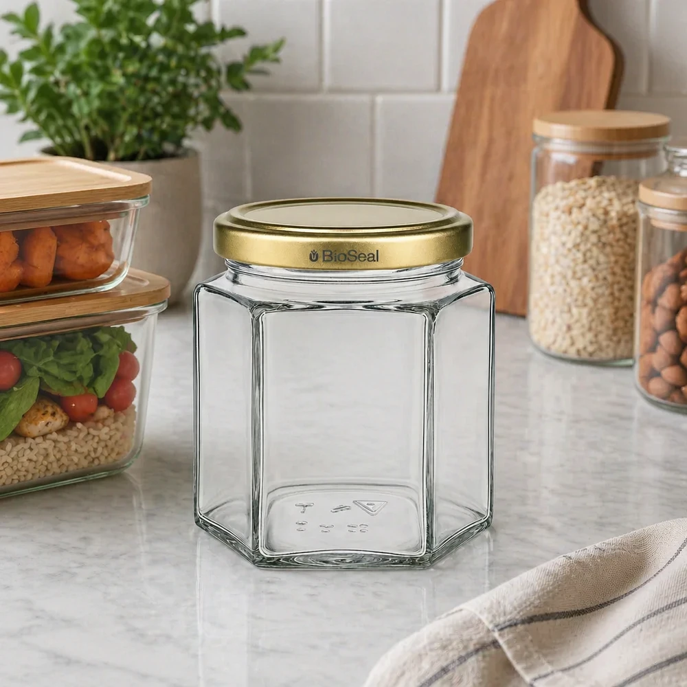 Leeres 520g BioSeal Honigglas hexagonal mit Golddeckel auf Küchenarbeitsplatte neben Vorratsgläsern und Küchenutensilien