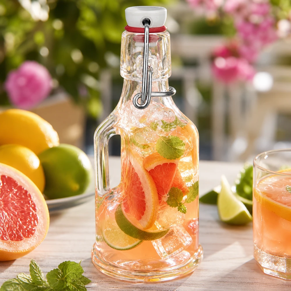 200ml Glasflasche "Bertha" + Porzellan Bügelverschluss UNiTW Glasflasche Bertha 200ml mit Grapefruit-Limetten-Wasser gefüllt Gartenambiente Sommergetränk UNiTW Bügelverschluss