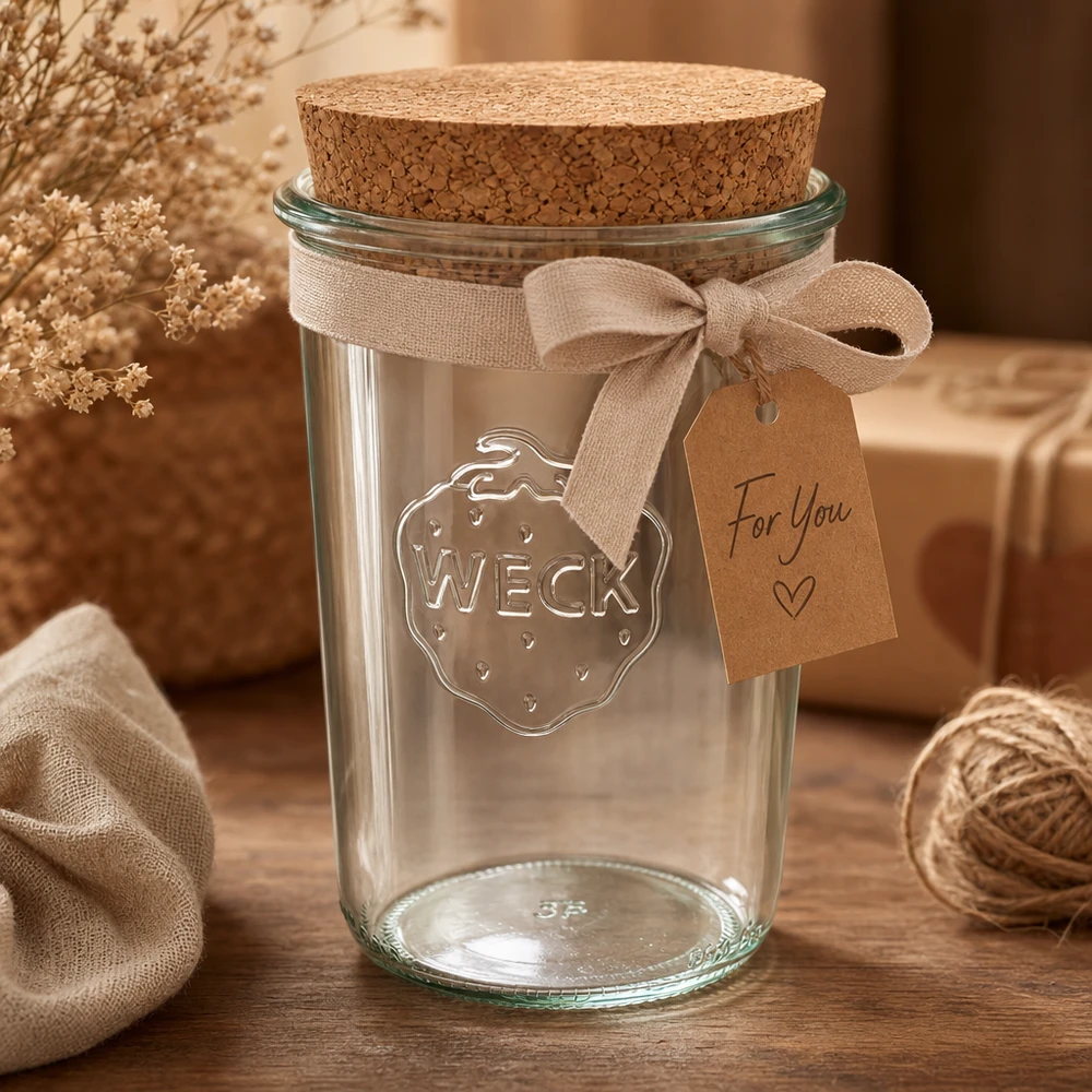 WECK Sturzglas 850ml RR100 dekorativ arrangiert mit Korkdeckel Schleifenband und Geschenkanhänger als Geschenkidee