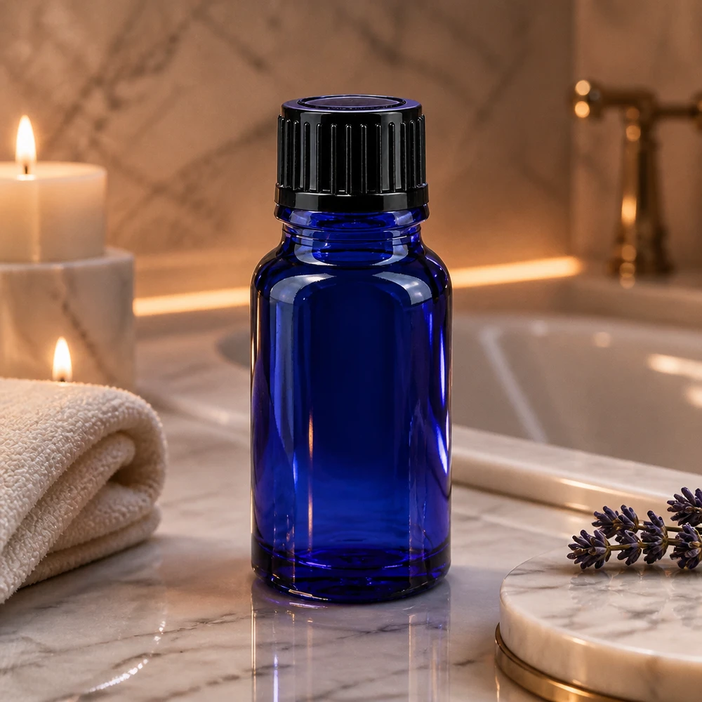 Kompakte Tropfflasche aus blauem Apothekerglas 10ml mit enghalsigem Dosiersystem